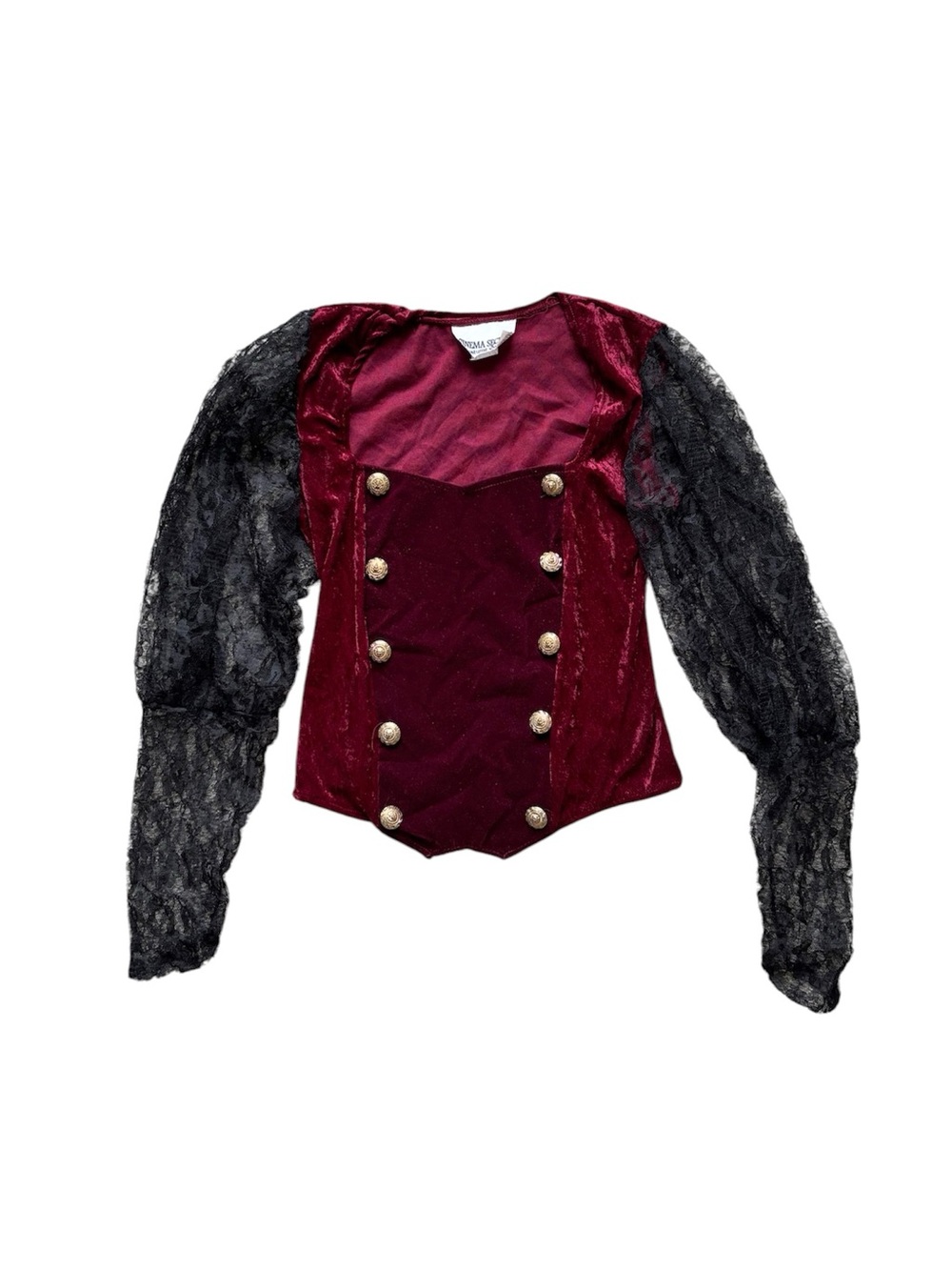 Vintage 90s Victorian Gothic Lace Corset Top Velvet Puff Sleeve S